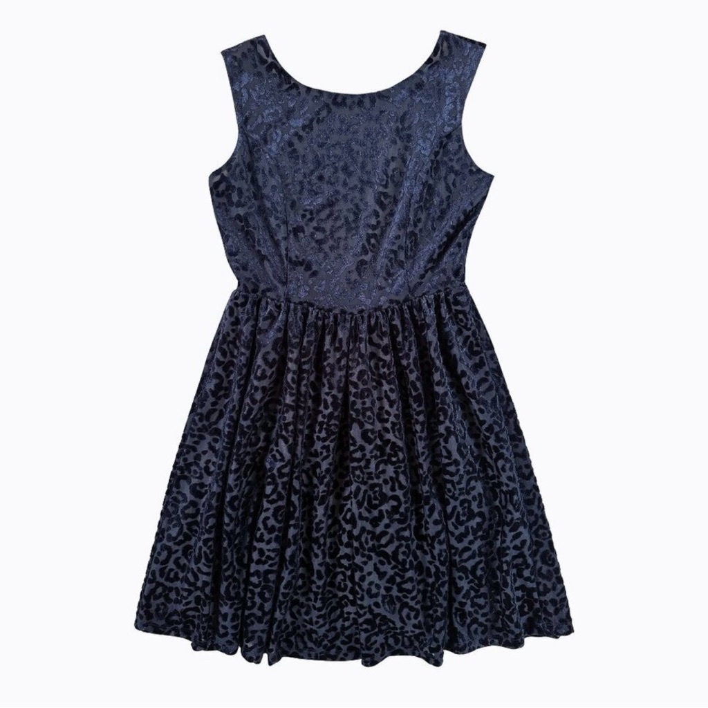 Zara Velvet Burnout Dress Blue Scoop Back Flocked Cheetah Print Whimsigoth Sz S